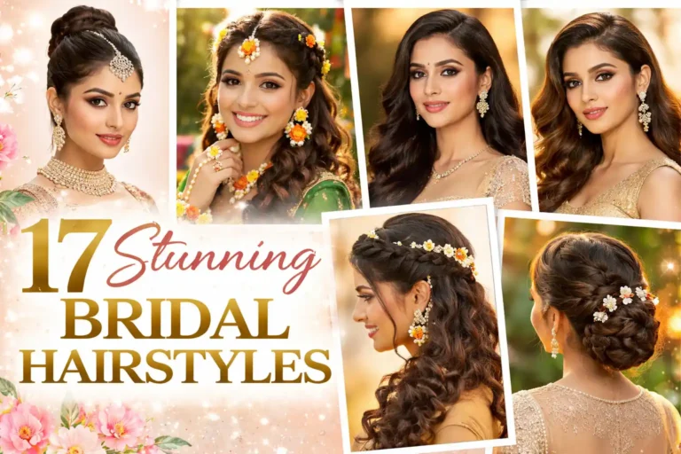 Horizontal featured collage image showcasing 17 stunning bridal hairstyles including high bridal buns, half-up braided styles, voluminous side-swept waves, sleek straight center-part hair, floral mehndi curls, and intricate low braided buns, styled with traditional wedding jewelry and elegant bridal outfits against a soft golden festive background