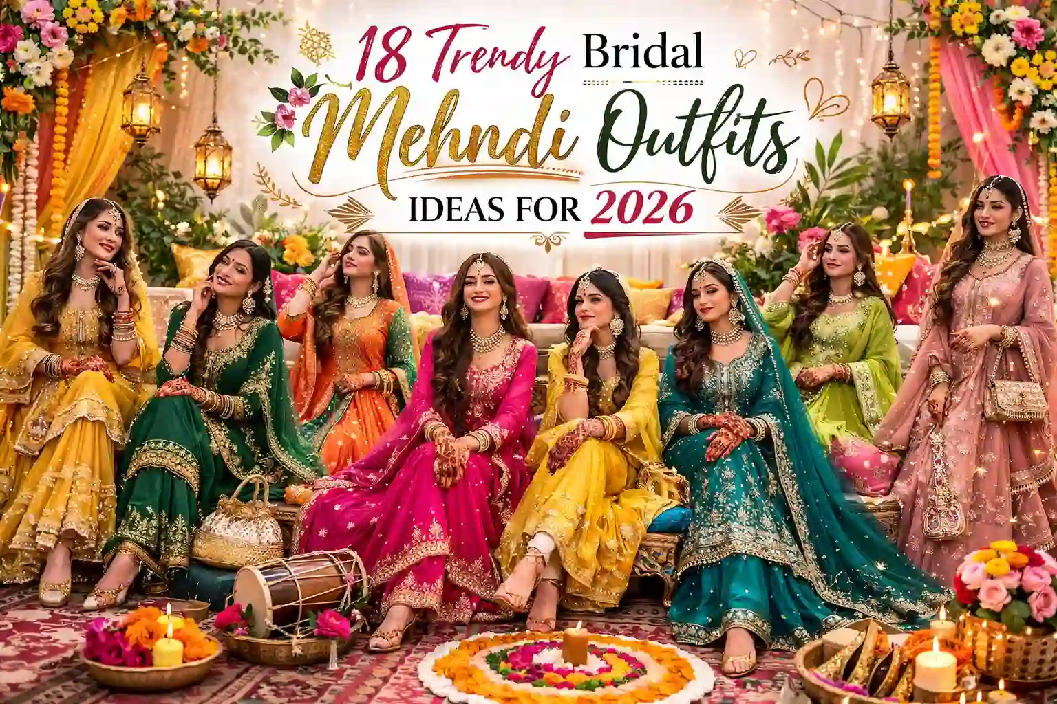 Featured image collage of trendy bridal mehndi dresses 2026 with colorful Pakistani wedding outfits
