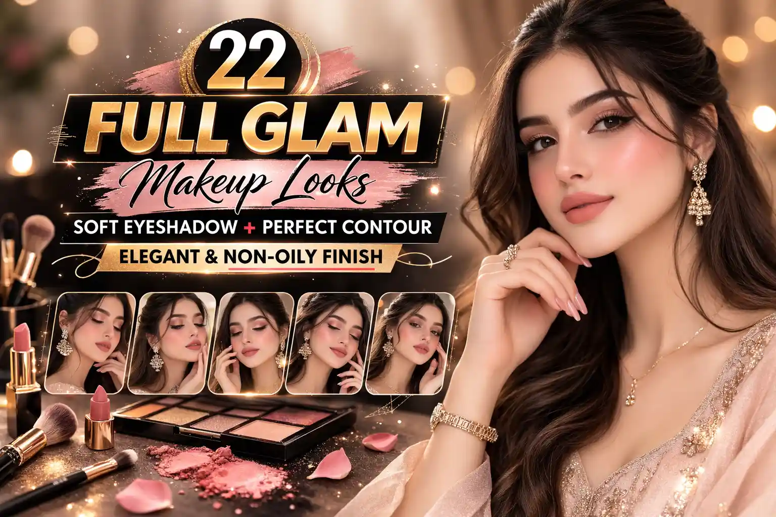 full glam makeup looks Pakistani model soft eyeshadow perfect contour elegant non oily finish beauty collage