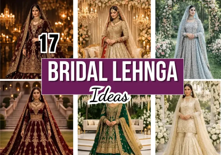 collage of 17 Pakistani bridal lehenga designs in red gold green pastel colors luxury barat wedding dresses inspiration board