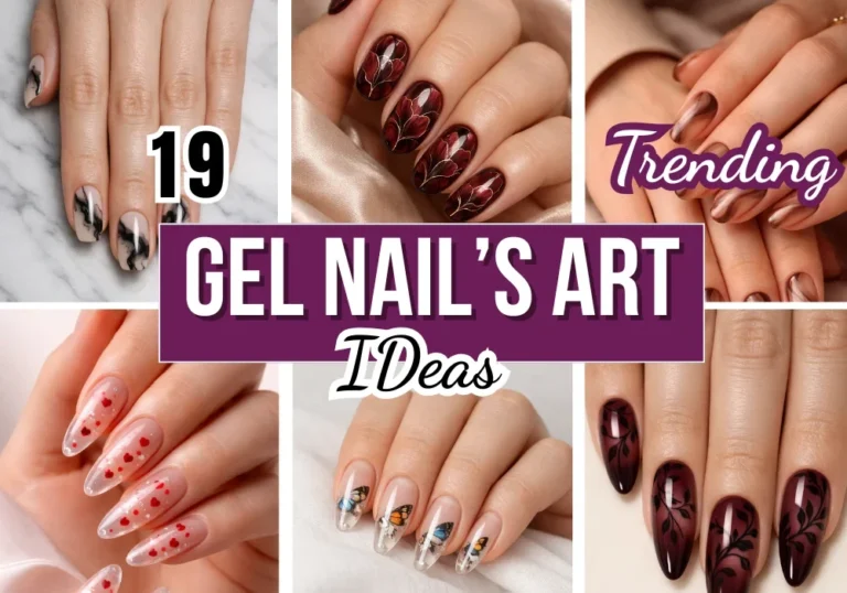 Collage of 19 blooming gel nail art designs featuring floral burgundy marble black and heart patterns with glossy finish
