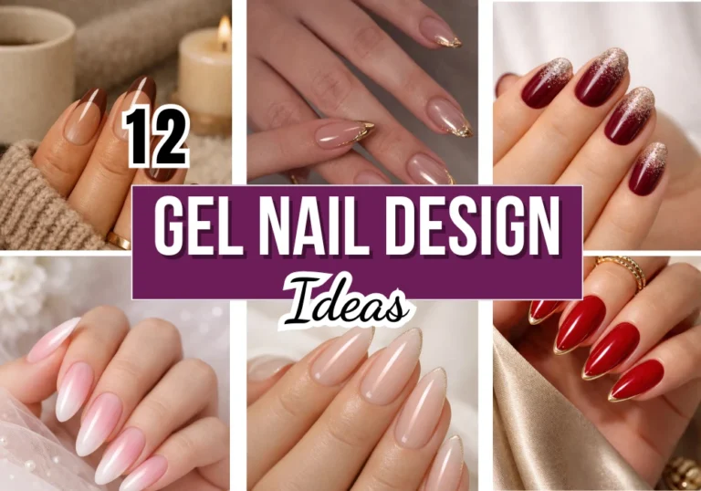 12 gel nail designs ideas collage featuring glossy almond gel nails french tips ombre marble glitter and luxury manicure styles