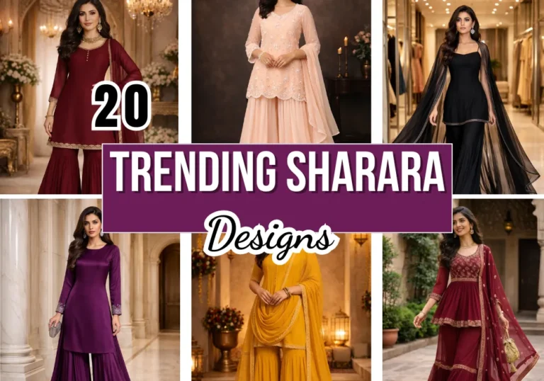 Collage of 20 trending sharara designs featuring maroon, peach, black, purple, mustard, and embroidered festive sharara suits for weddings and parties.