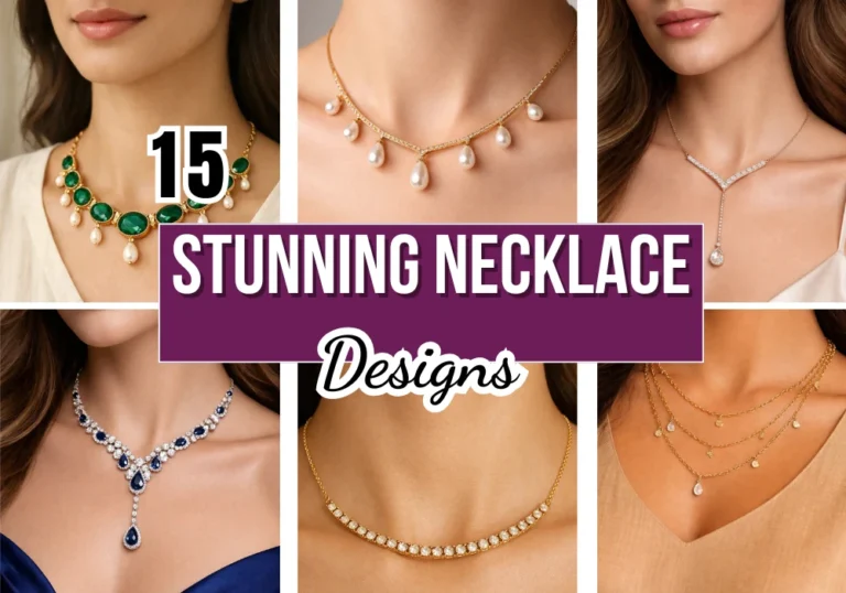 Collage of 15 stunning necklace designs including pearl drop necklaces, emerald statement pieces, diamond pendants, and layered gold chains.