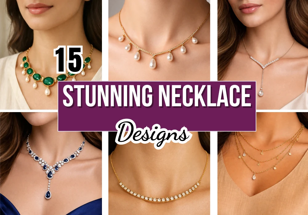 Collage of 15 stunning necklace designs including pearl drop necklaces, emerald statement pieces, diamond pendants, and layered gold chains.