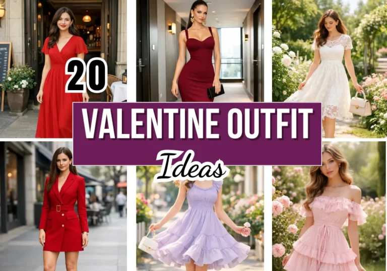 Collage of women wearing stylish Valentine outfits ideas including red evening outfits lace looks satin styles and cute romantic date night fashion