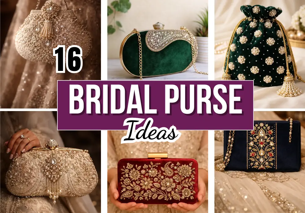 Collage of 16 bridal purses including pearl clutches, velvet potli bags, embroidered wedding handbags, and luxury bridal clutches for Pakistani wedding brides
