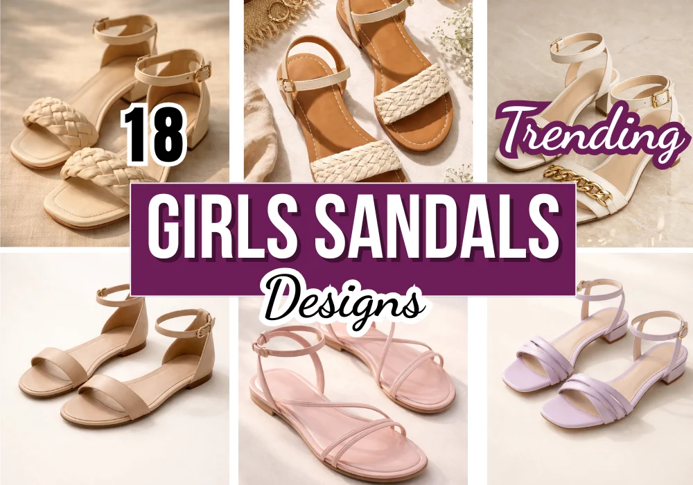Collage of 18 trending girls sandals designs featuring braided straps, ankle straps, flat sandals, and pastel low heels.