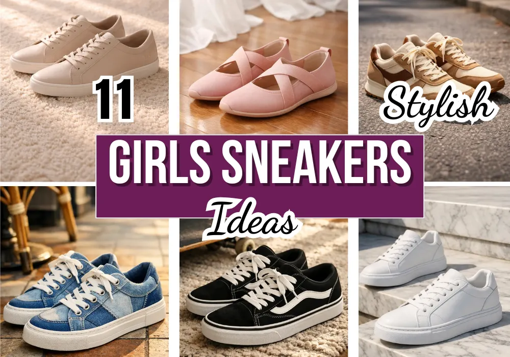 11 girls sneakers ideas collage featuring stylish pastel pink beige white black and denim casual shoes for everyday wear