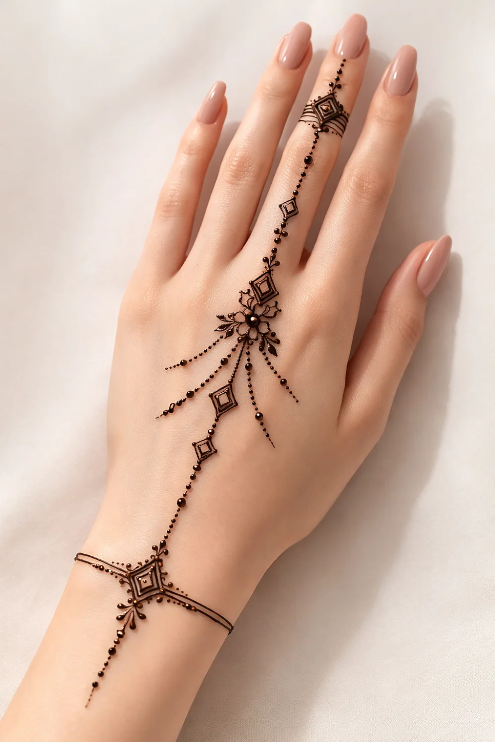 minimal geometric chain arabic mehndi design for back hand with fine line finger pattern modern simple mehndi style