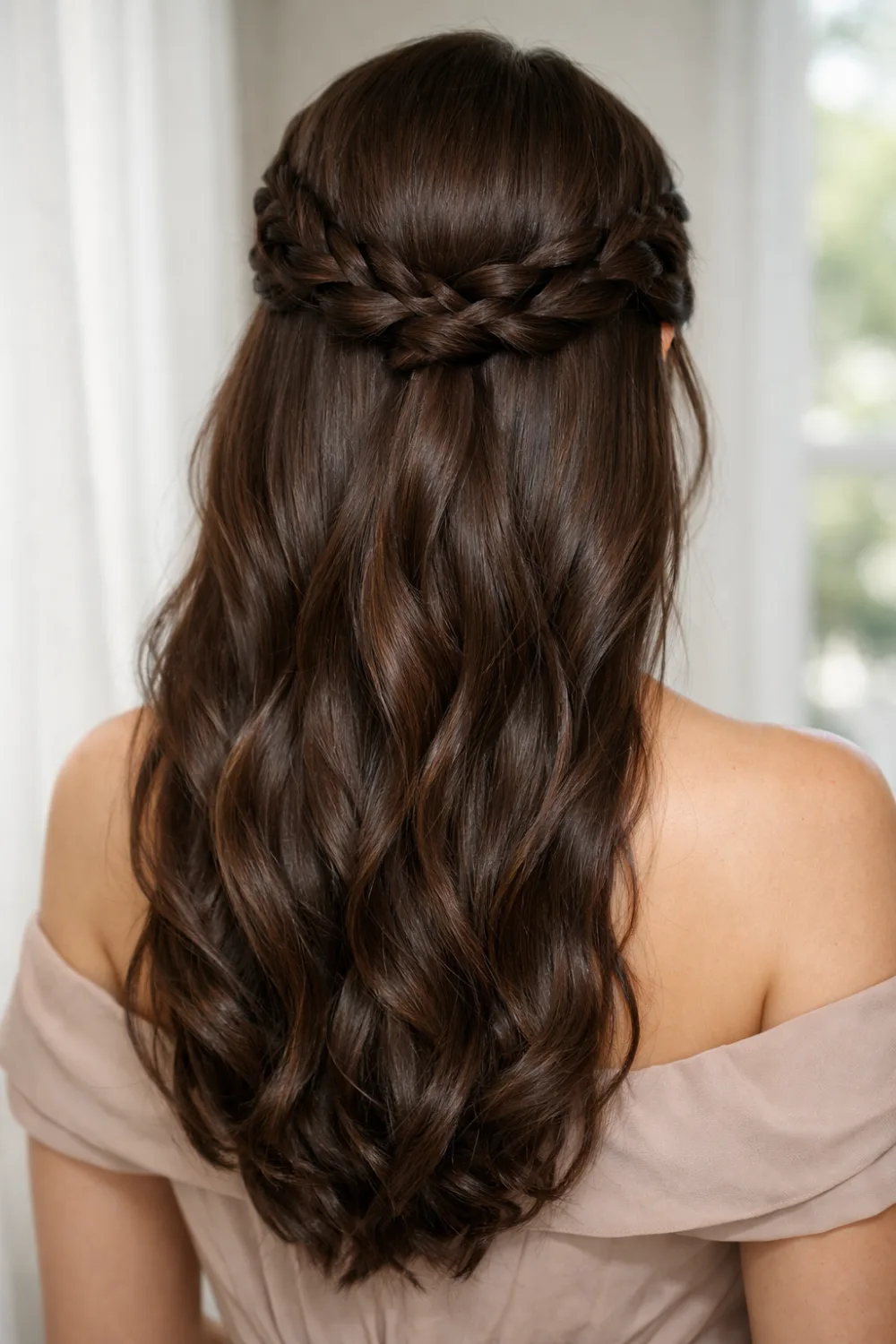 rich chocolate brown hair color for brunettes soft waves half up braided hairstyle glossy elegant brunette hair inspiration