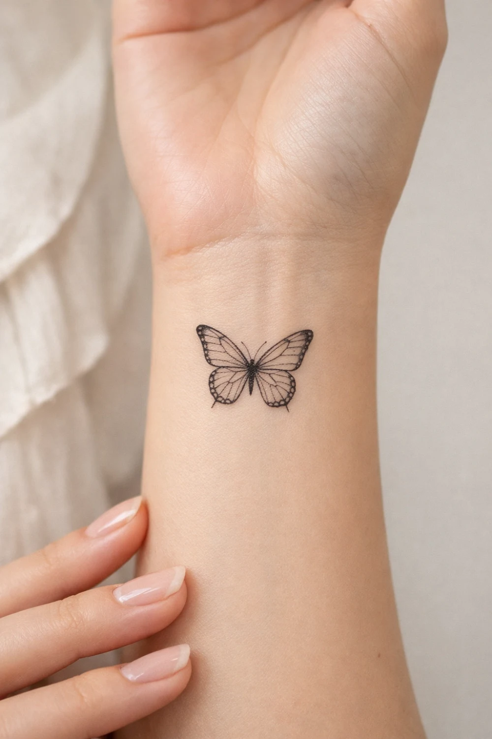 small butterfly wrist tattoo with delicate fine line wings, minimalist feminine tattoo design placed on the inner wrist, elegant small tattoo idea for women symbolizing transformation, beauty and freedom