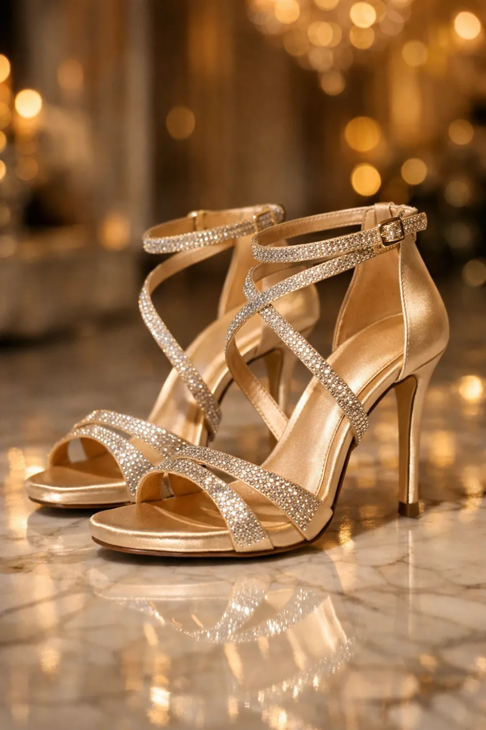 gold rhinestone strappy prom heels sparkling ankle strap stiletto heels elegant prom shoes idea for glamorous prom night look