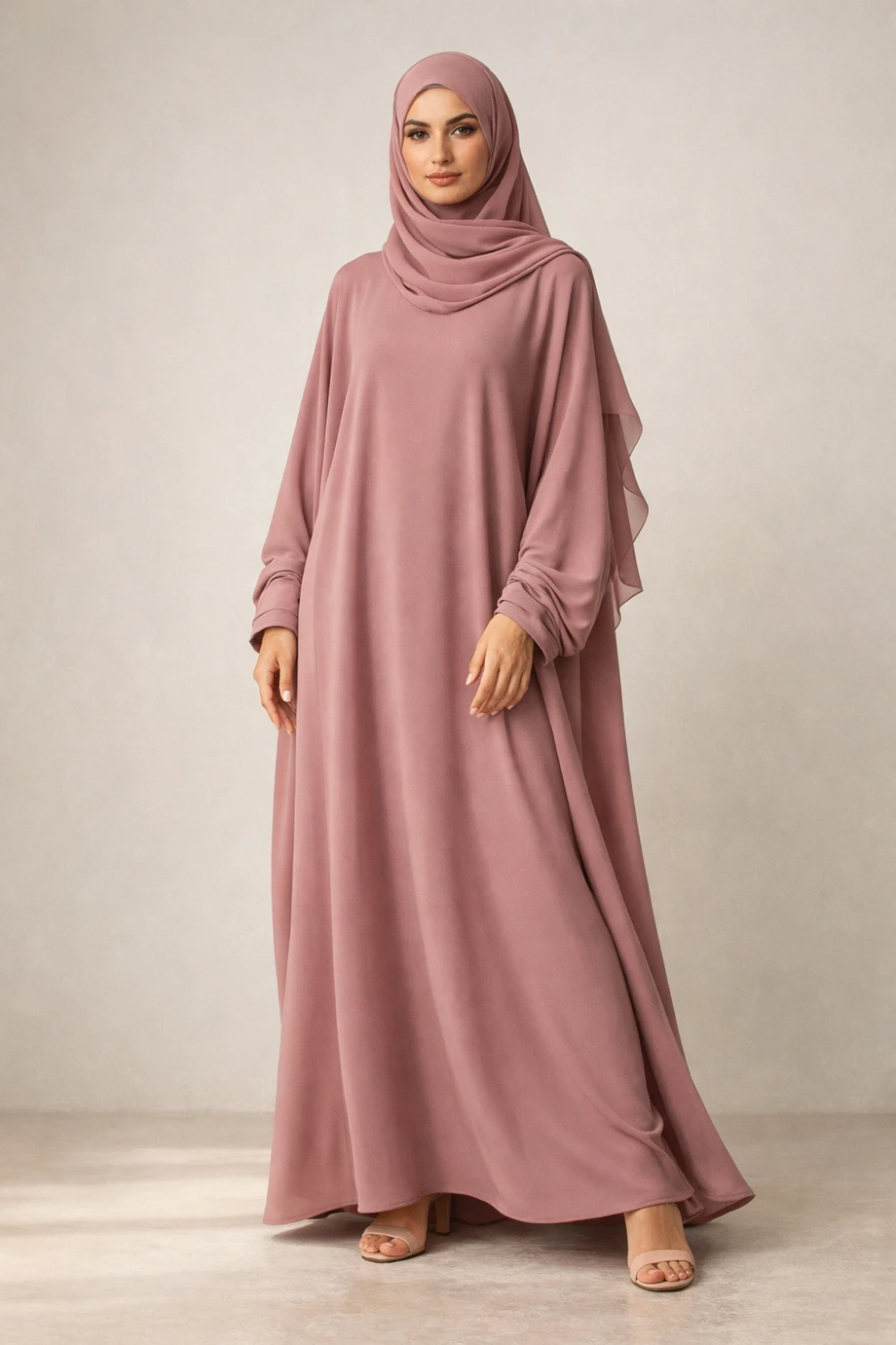 dusty rose butterfly abaya flowing modest abaya style whisper soft fabric elegant modest fashion outfit idea