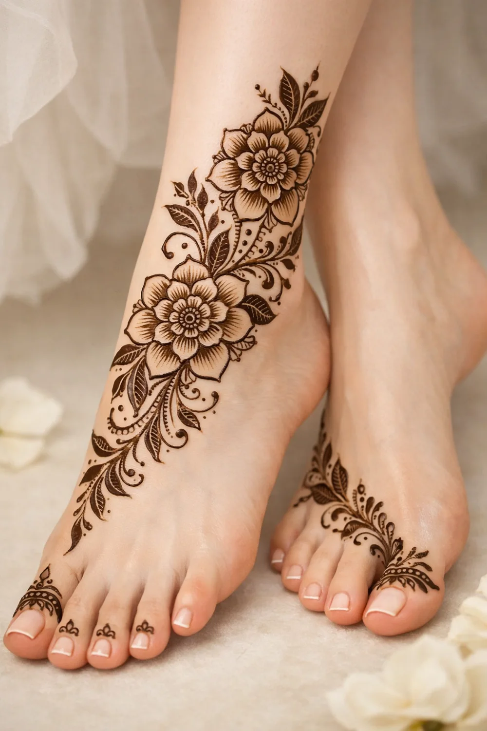 Elegant floral vine foot mehndi design flowing from ankle to toes for Eid