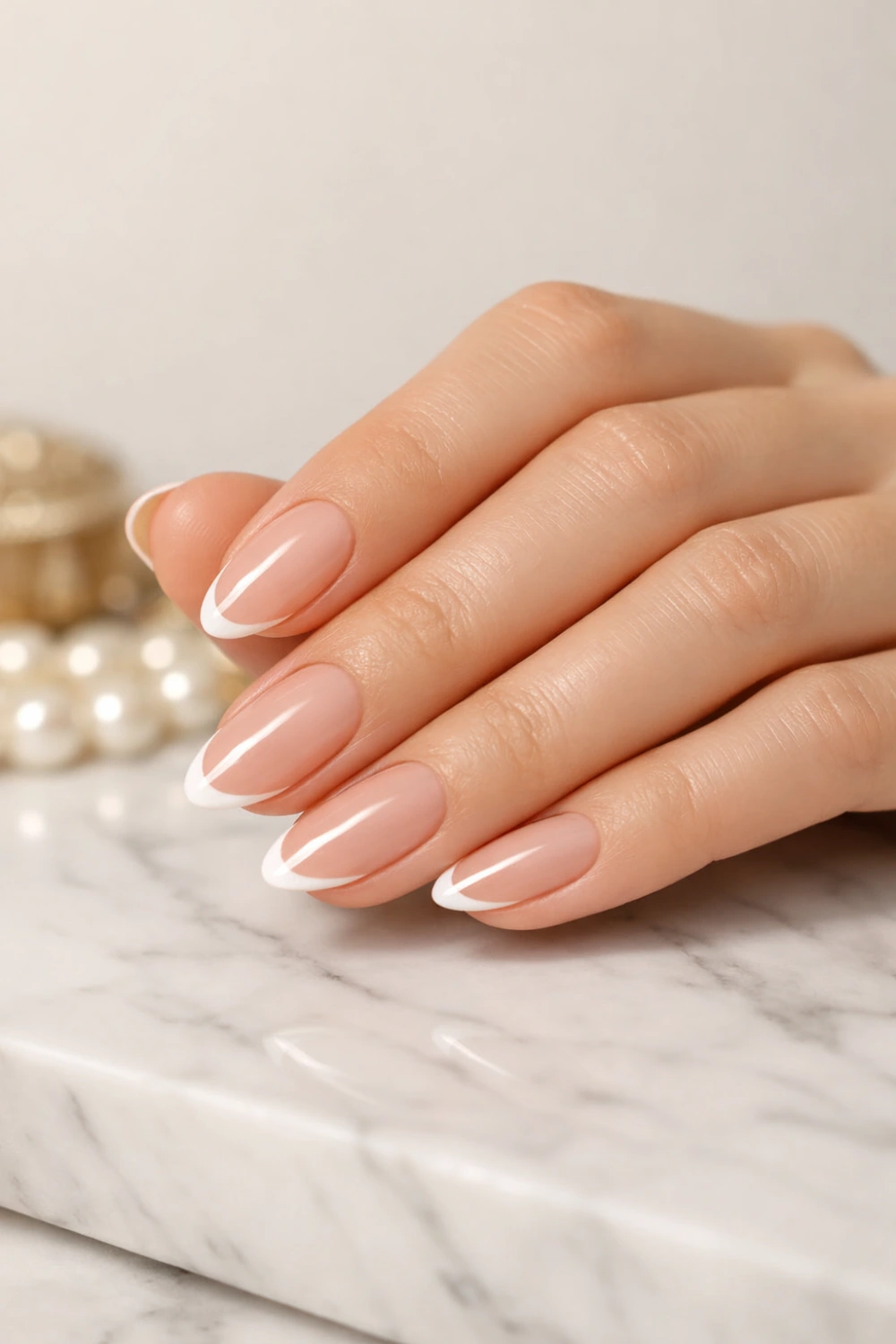 Classic French tip almond nails with glossy nude base on elegant feminine hand, styled in a timeless old money manicure aesthetic
