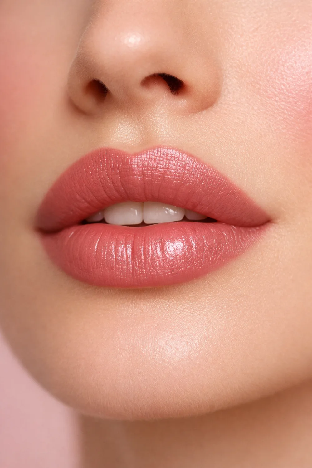 Pinky nude lipstick on soft natural lips close up everyday makeup shade
