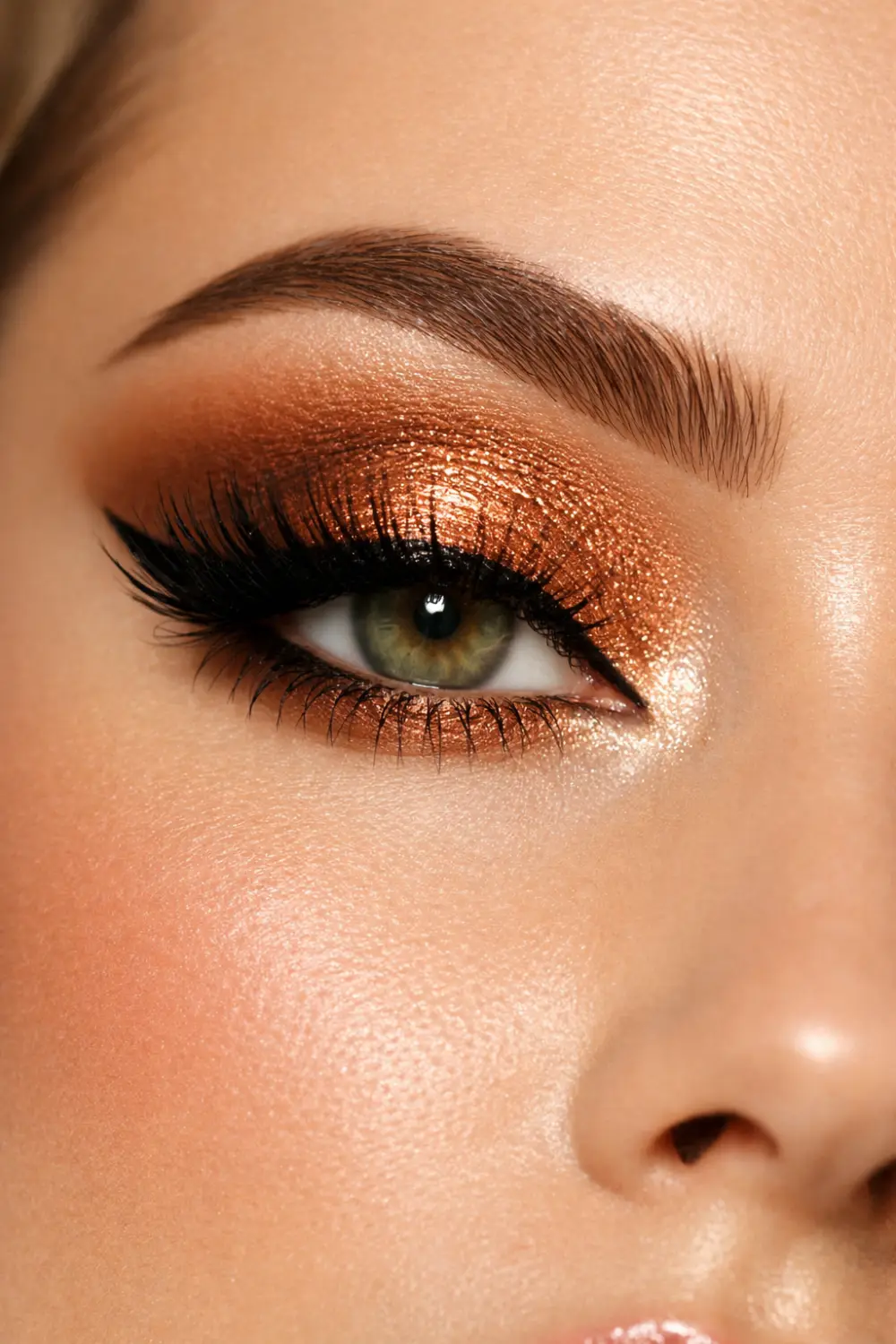 warm copper shimmer eyeshadow look for green eyes with metallic copper lid soft warm brown crease blended glam eye makeup close up