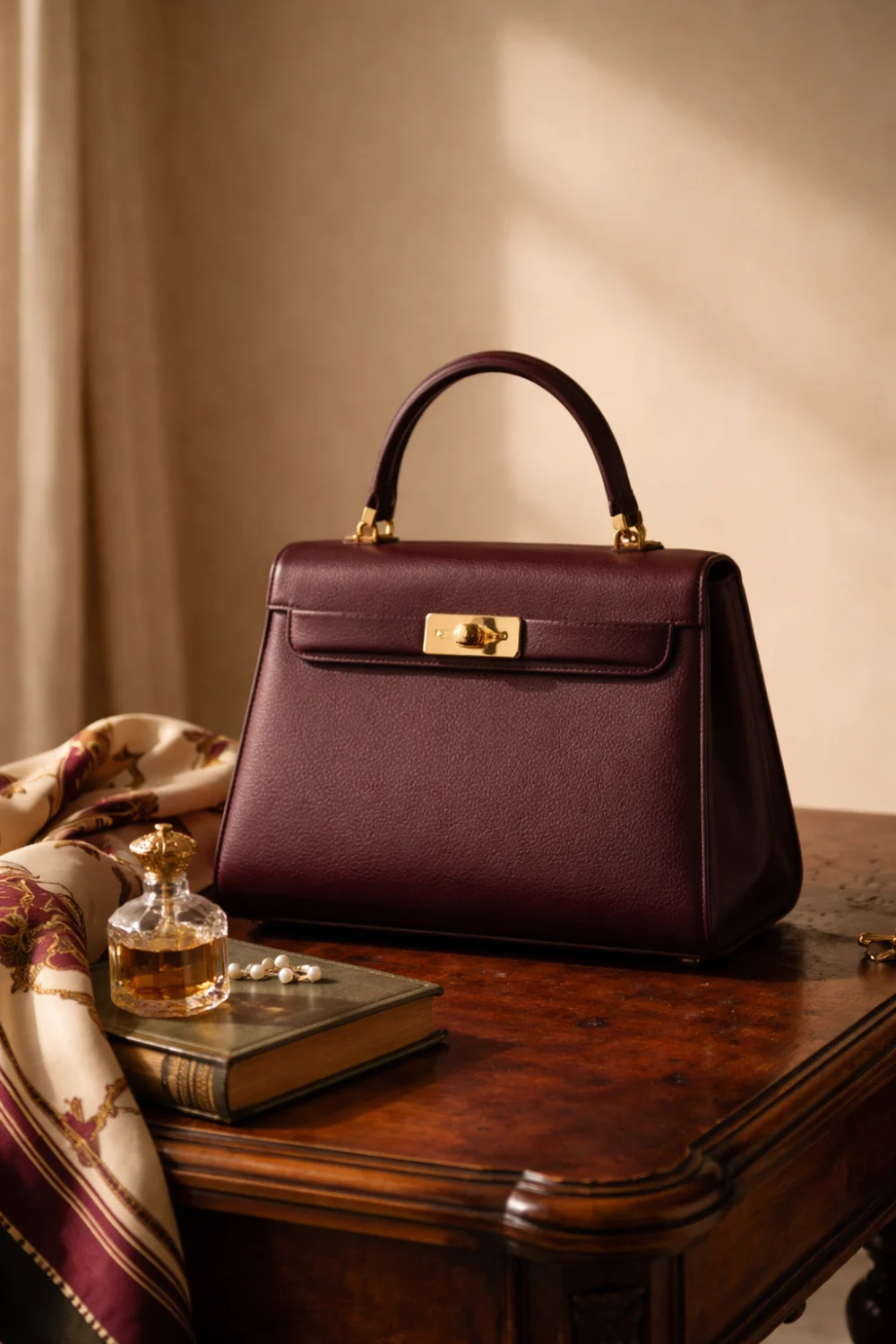 Burgundy structured old money handbag with gold clasp on wooden table