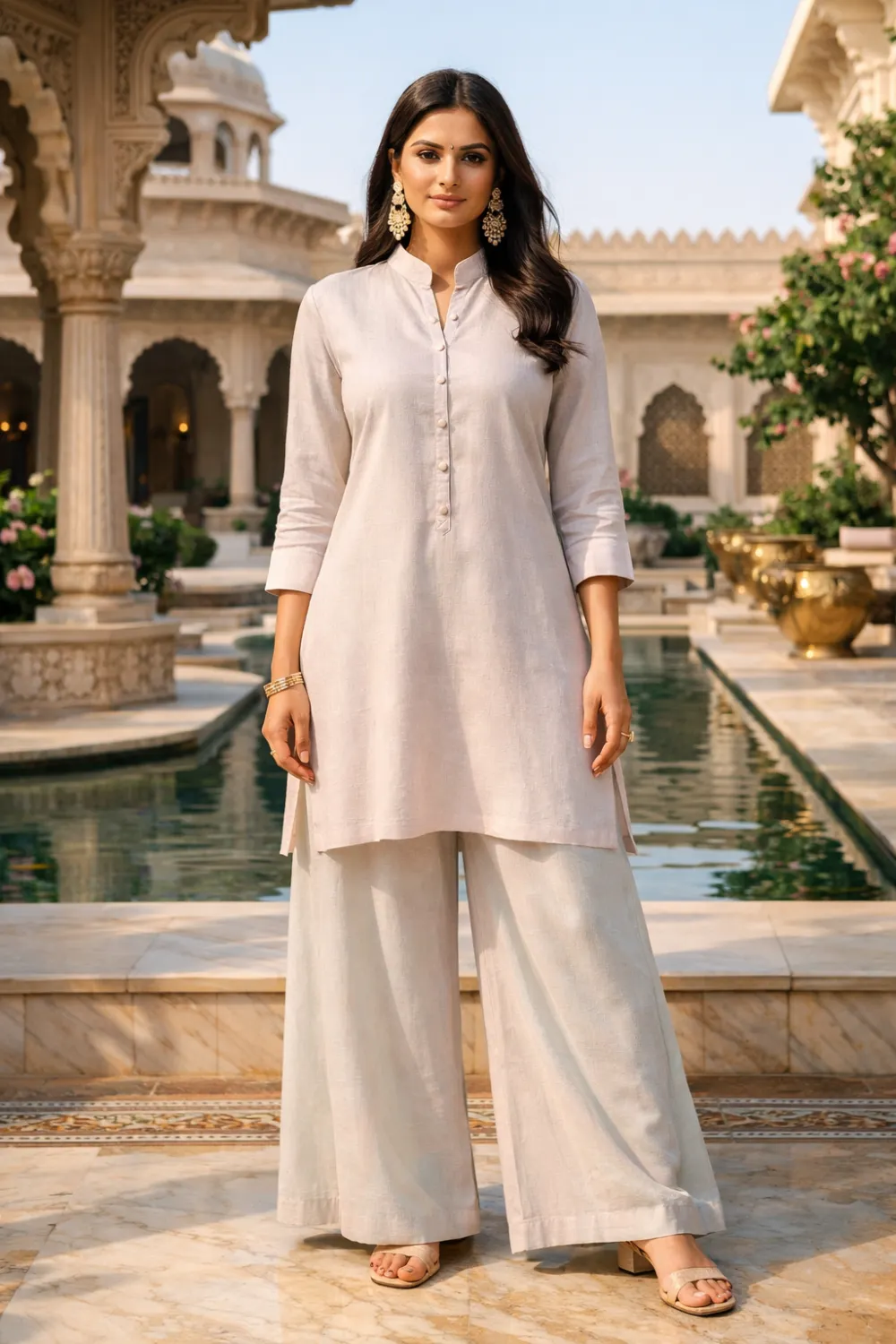 Minimalist linen kurta set with wide palazzo pants in soft neutral tone Indian summer outfit