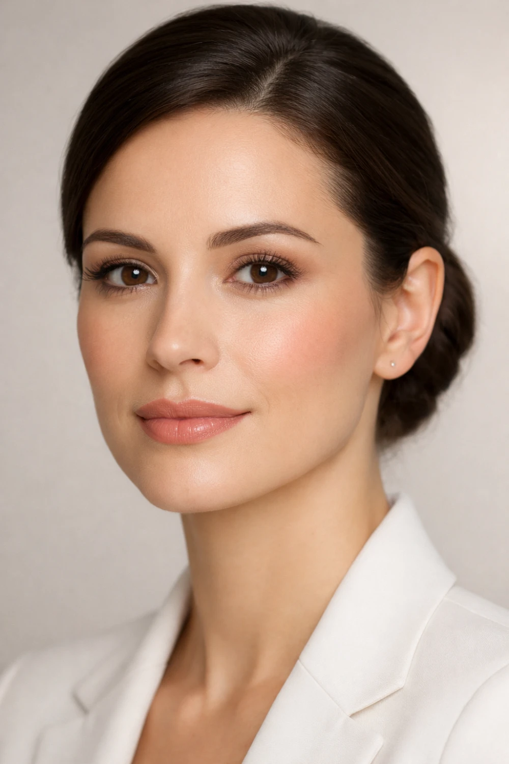 natural soft glam formal makeup look for work featuring neutral eyeshadow, smooth skin foundation, defined brows, mascara, and nude pink lipstick for a professional office beauty style