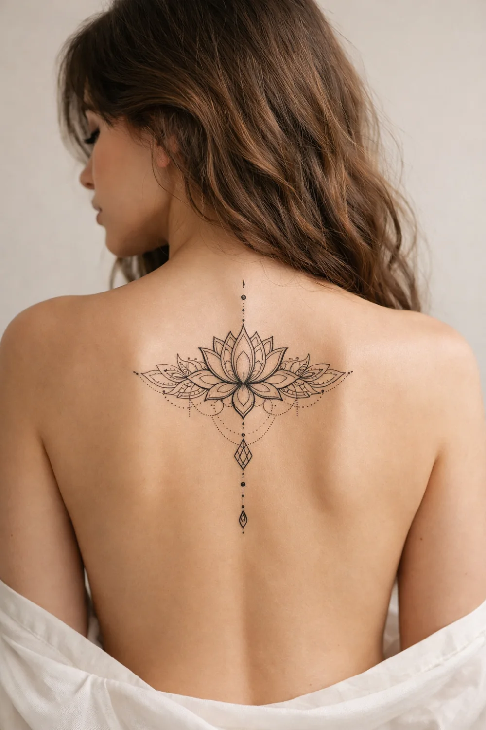 lotus flower spine tattoo for women delicate mandala back tattoo elegant feminine fine line design