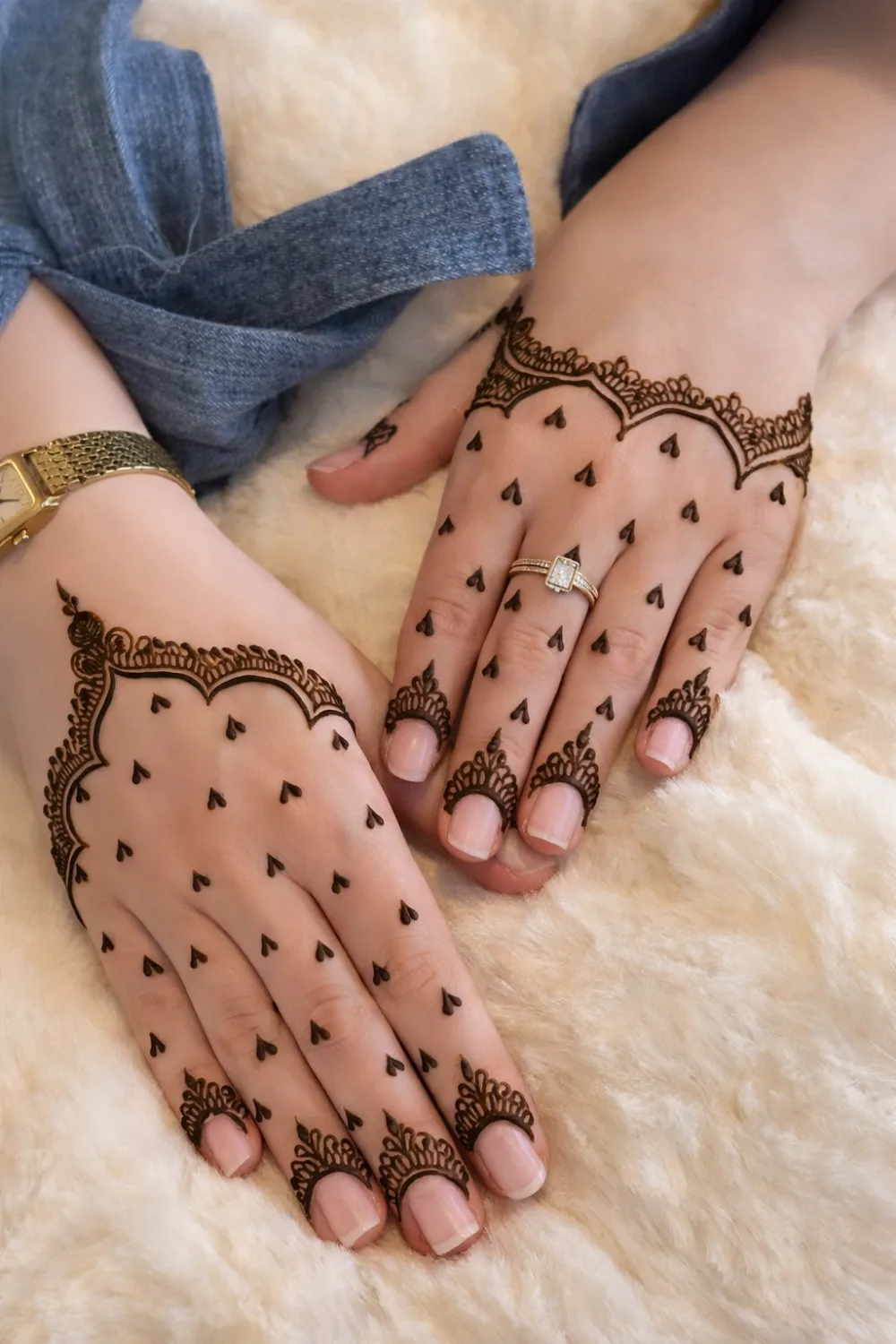 minimal heart mehndi design on back of hands with delicate scalloped wrist border and tiny heart henna pattern modern simple mehndi inspiration