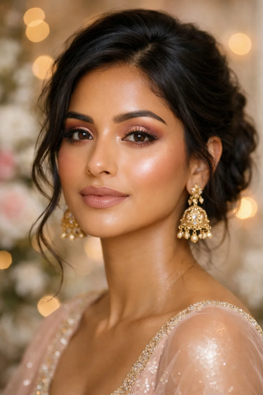 soft gold shimmer bridesmaid makeup glowing skin elegant look