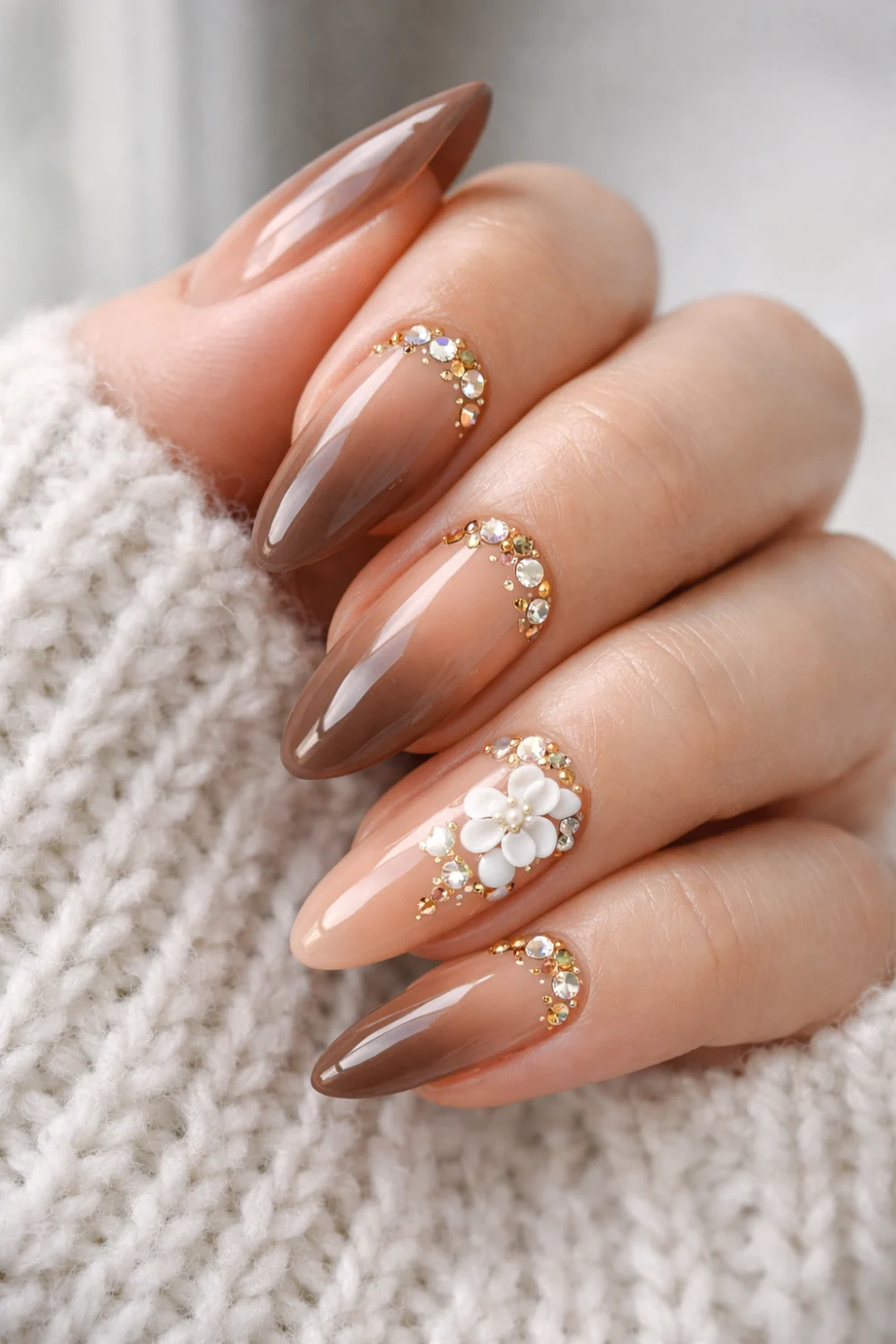 nude brown ombre nails with crystals and 3d flower elegant almond nails design
