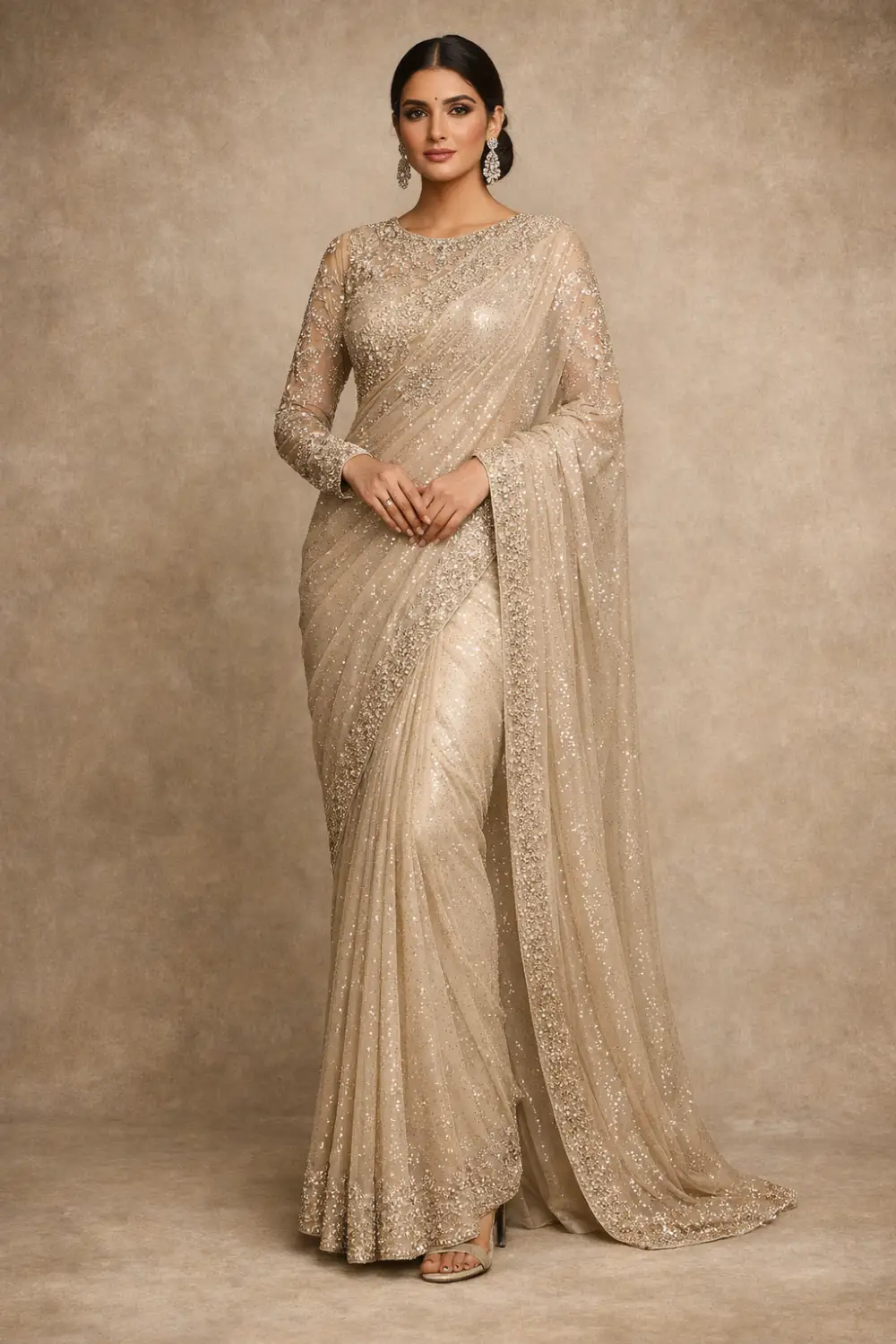 champagne gold luxury net saree heavy sequin embroidery designer party wear saree elegant wedding guest saree look