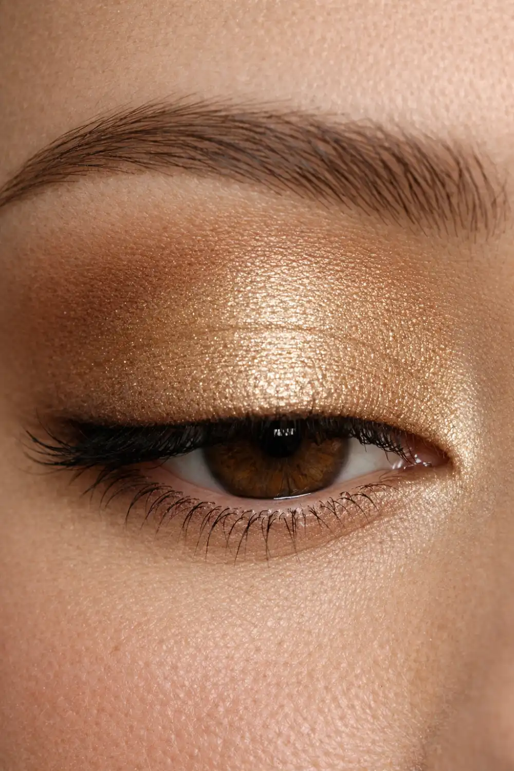 Extreme close up soft gold shimmer eyeshadow look for brown eyes with smooth blended crease warm neutral glam eye makeup natural daylight beauty photography