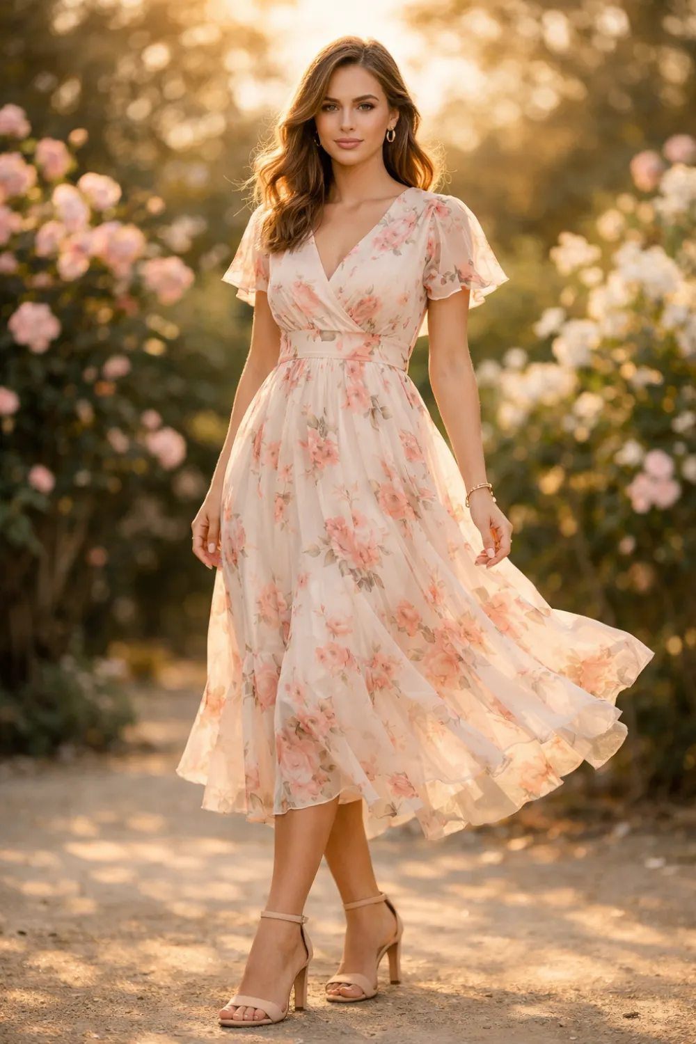 floral chiffon midi dress bridal shower guest outfit idea soft pastel romantic garden party look