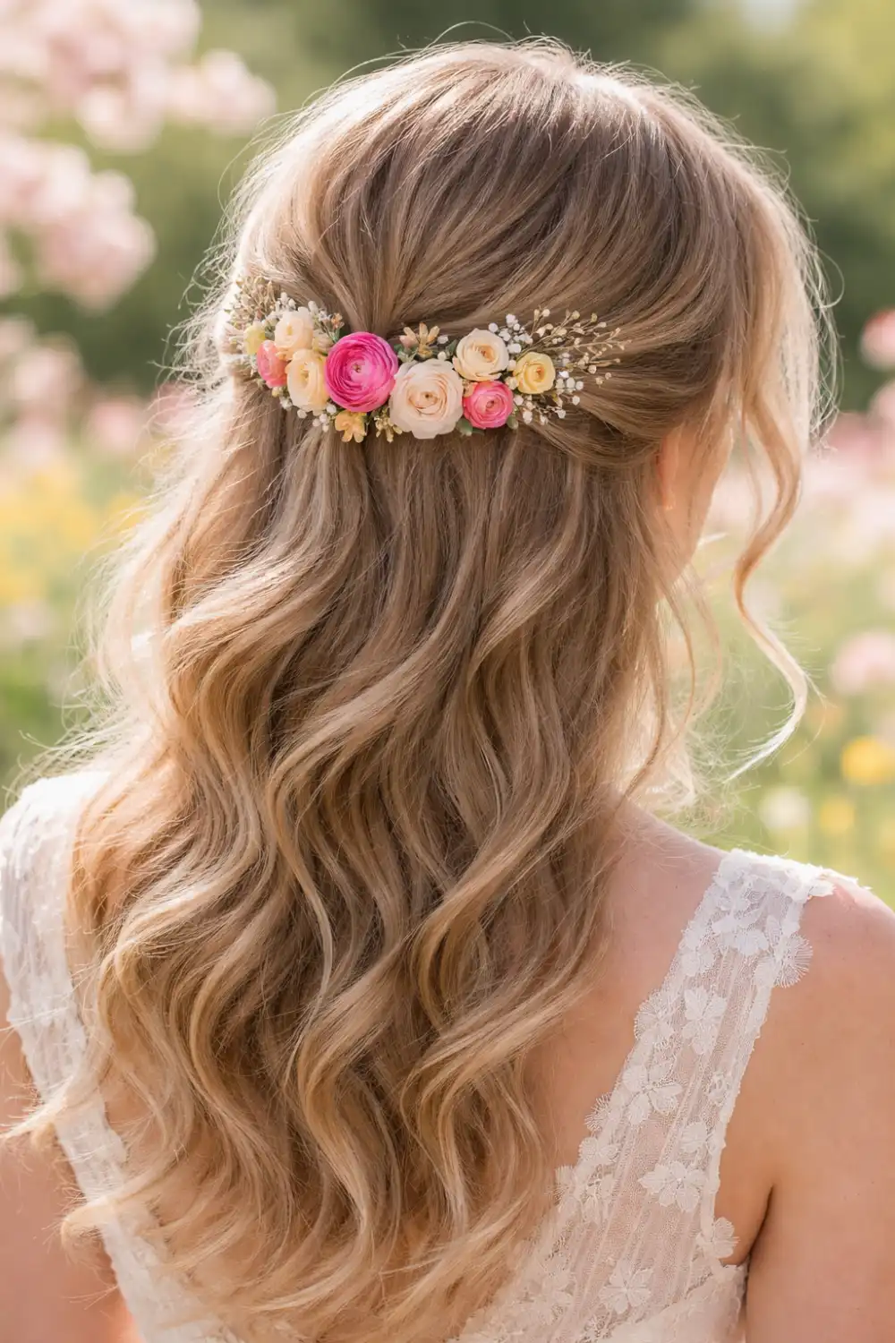 colorful rose floral hair comb ideas styled in romantic half up wavy hairstyle with soft pink and cream roses delicate greenery perfect bridal wedding hairstyle inspiration