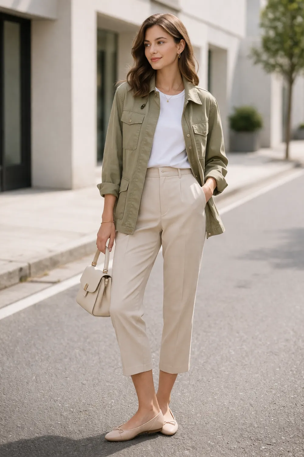 casual utility jacket outfit with neutral cropped trousers white tee and ballet flats stylish cold spring outfit idea for women minimal chic layered everyday street style look