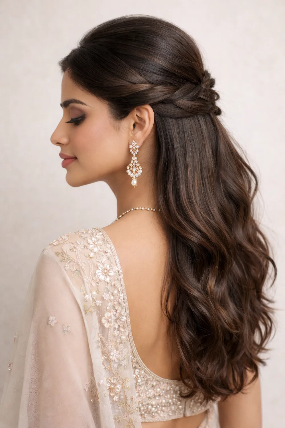 Elegant Indian woman wearing a soft pastel saree with twisted half up hairstyle and loose waves, glossy brown hair styled beautifully for wedding, party or festive saree look.