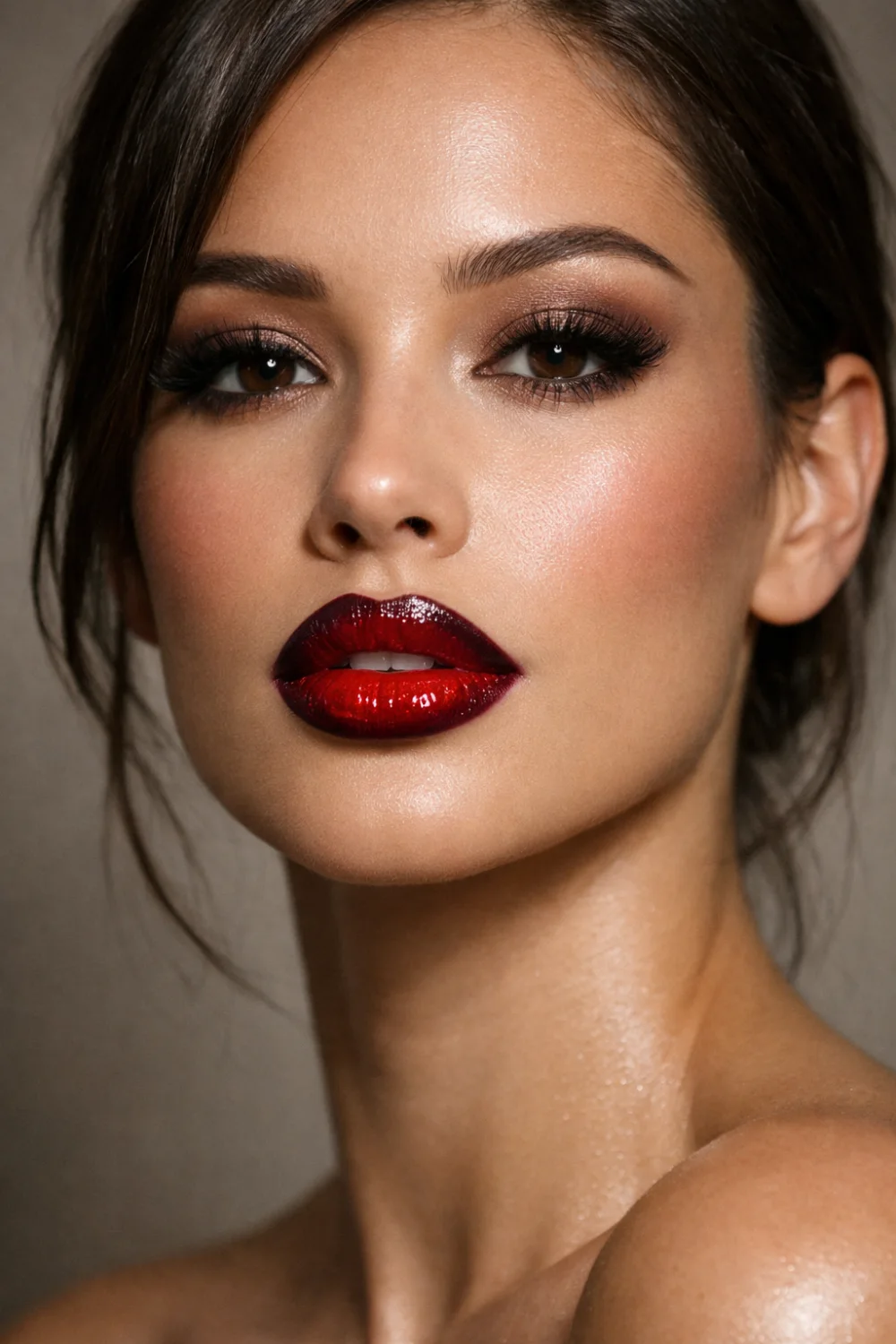Glossy cherry red lipstick makeup look with radiant glowing skin, soft neutral eyeshadow and defined lashes creating a bold glamorous beauty style perfect for evening makeup inspiration