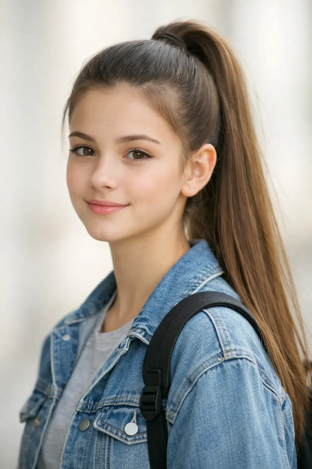 Cute high ponytail hairstyle for school girls with smooth long hair tied high on the crown, simple everyday school hairstyle idea that looks trendy, neat, and perfect for busy mornings.