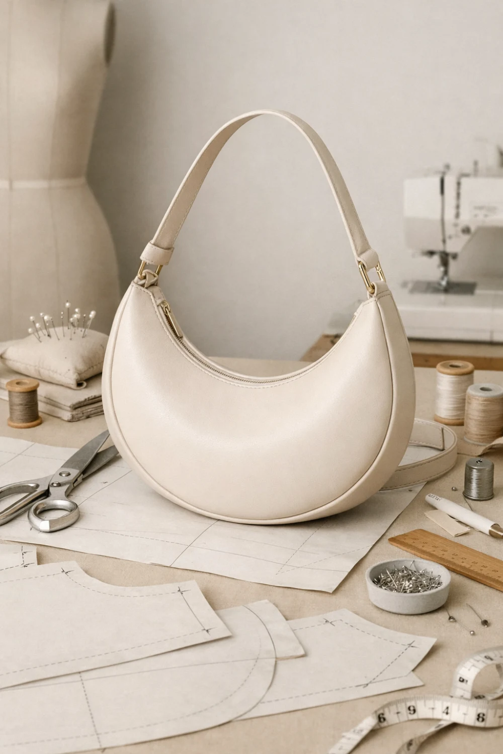 Modern crescent moon shoulder handbag sewing pattern on a clean sewing workspace with pattern pieces, scissors and neutral fabric materials, trendy DIY handbag idea popular on Pinterest