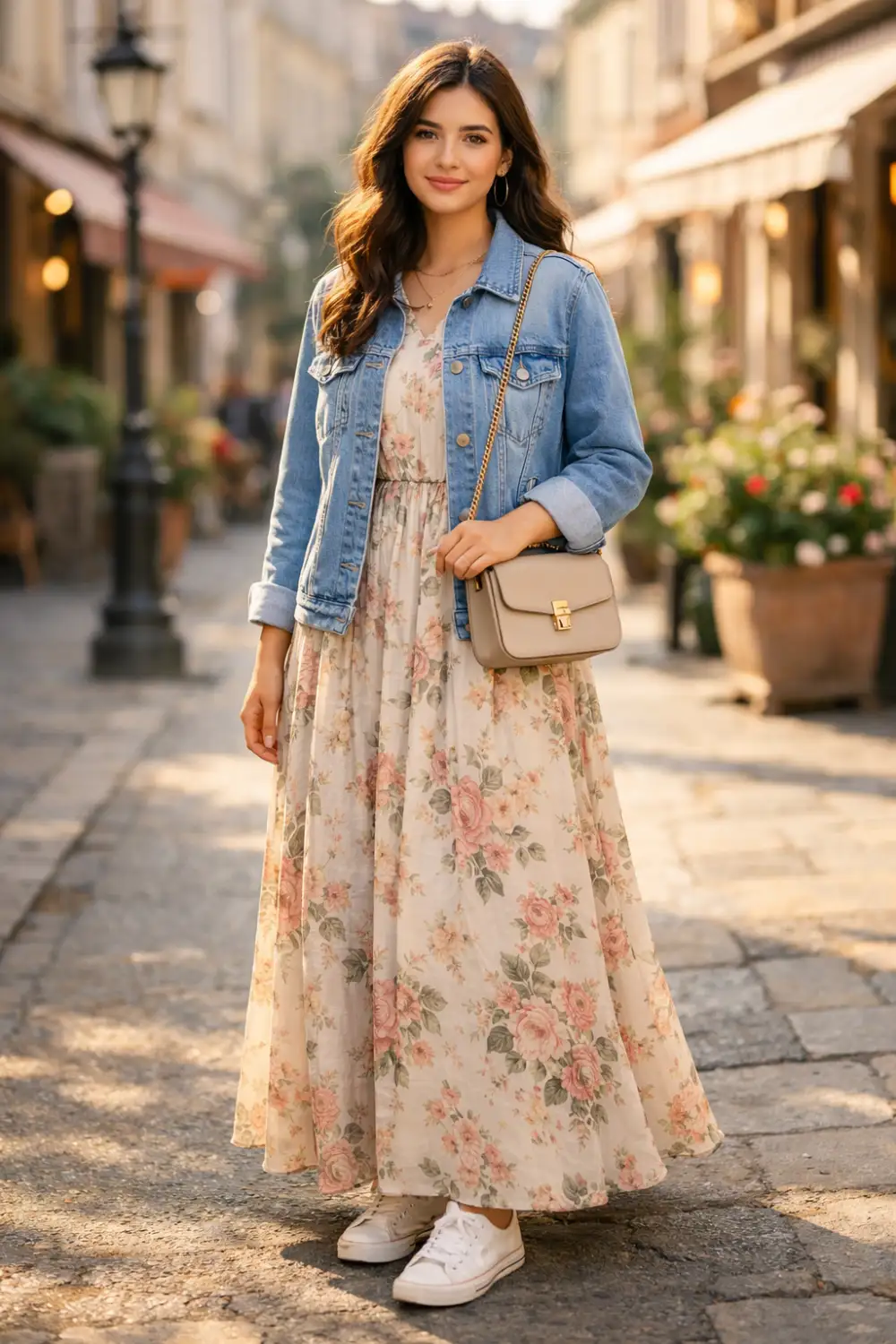 Cute modest outfit idea featuring a floral maxi dress layered with a light denim jacket, styled with white sneakers and a crossbody bag for an elegant everyday modest look.