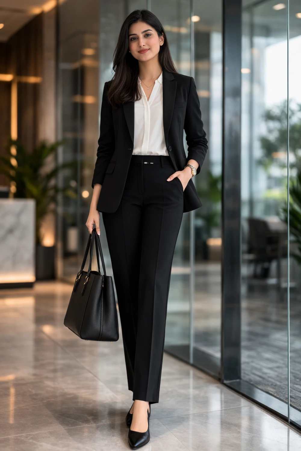 black blazer tailored pants career fair outfit women professional interview outfit female