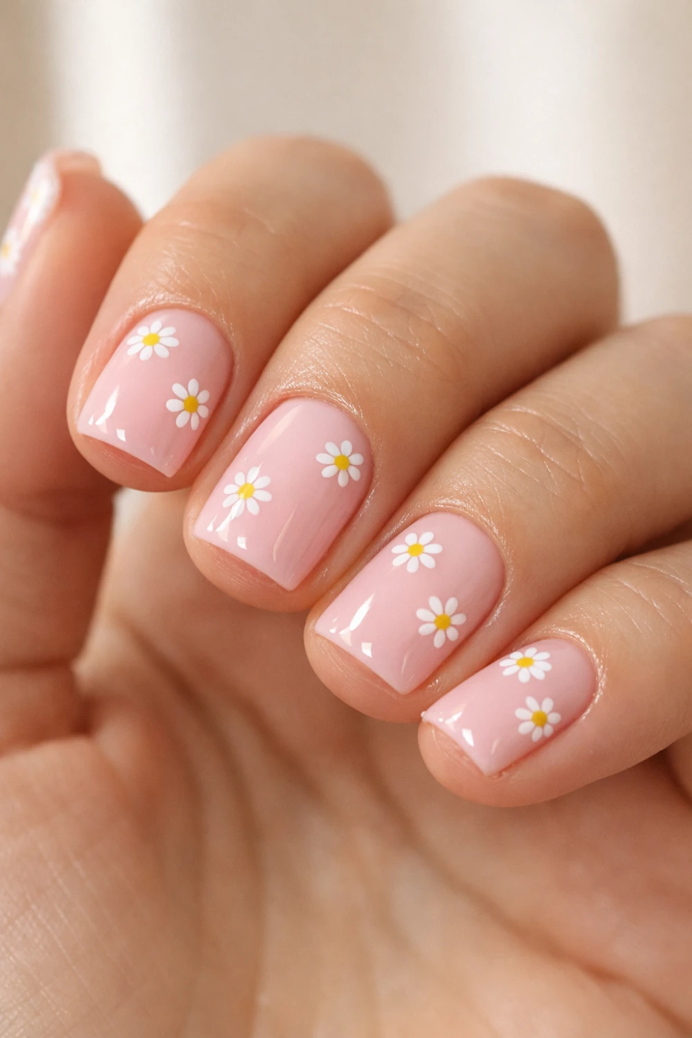 pastel pink daisy short nails with white floral nail art spring manicure idea