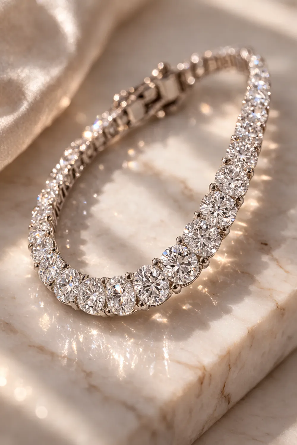 elegant diamond tennis old money bracelets with sparkling round diamonds set in a luxury silver bracelet design placed on marble surface timeless old money jewelry style for women