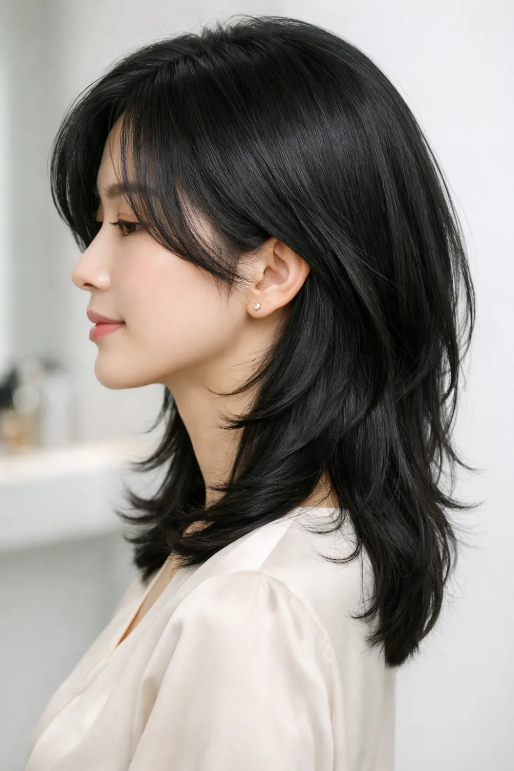 Korean layered haircut side profile with soft face framing layers, silky smooth glossy medium length hair, clean salon finish modern women haircut inspiration