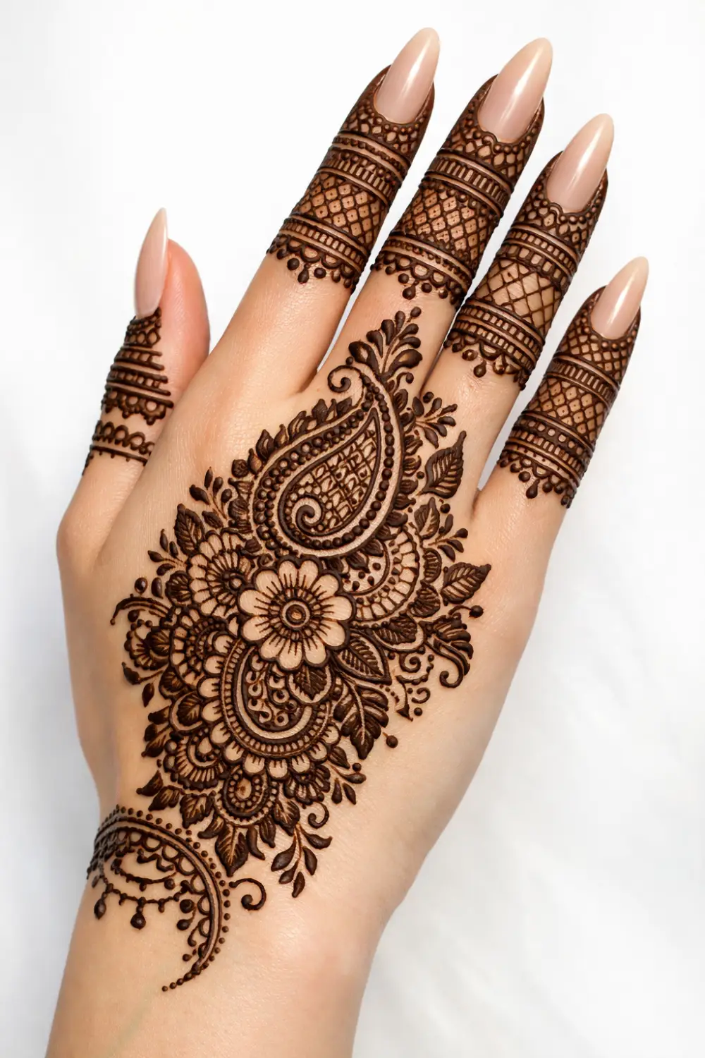 paisley floral heavy arabic mehndi design traditional modern fusion back hand mehndi