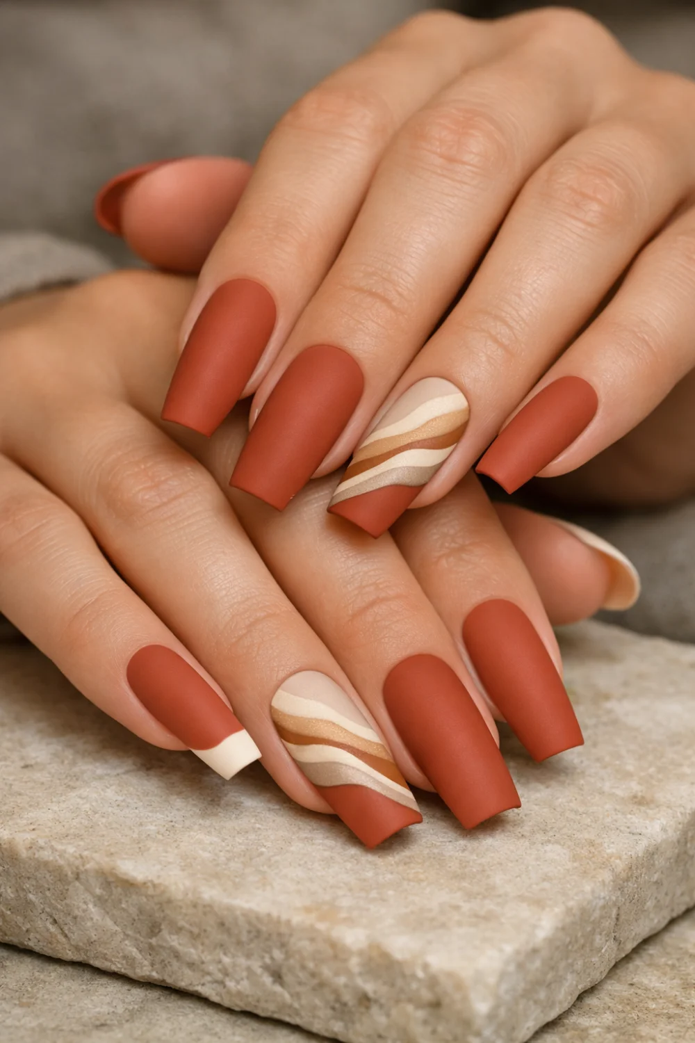 matte terracotta nails with abstract wave nail art design warm earthy manicure inspiration for stylish matte nail trends
