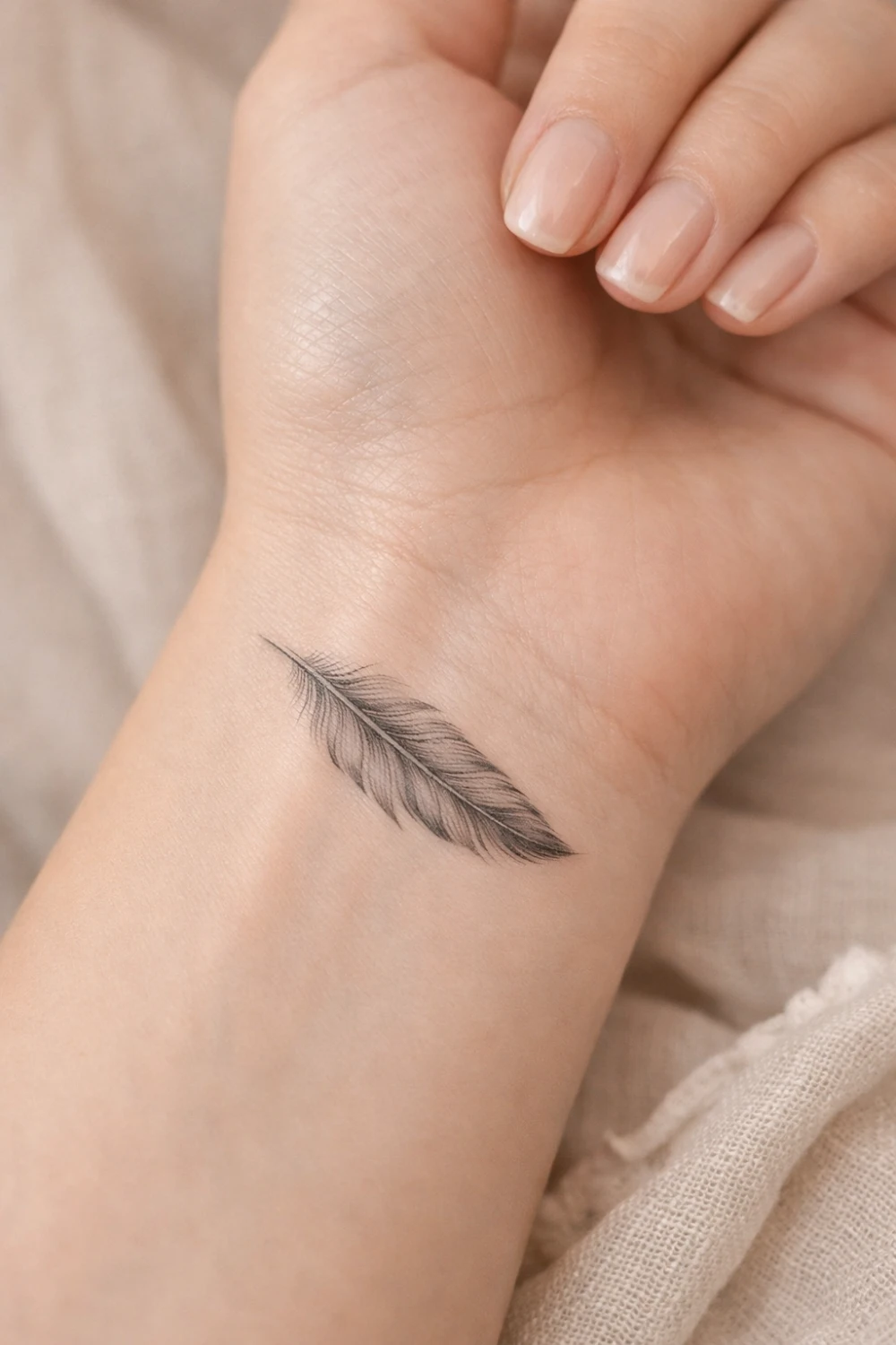 feather wrist tattoo with detailed fine line texture, delicate feather tattoo design symbolizing freedom courage spiritual connection and lightness