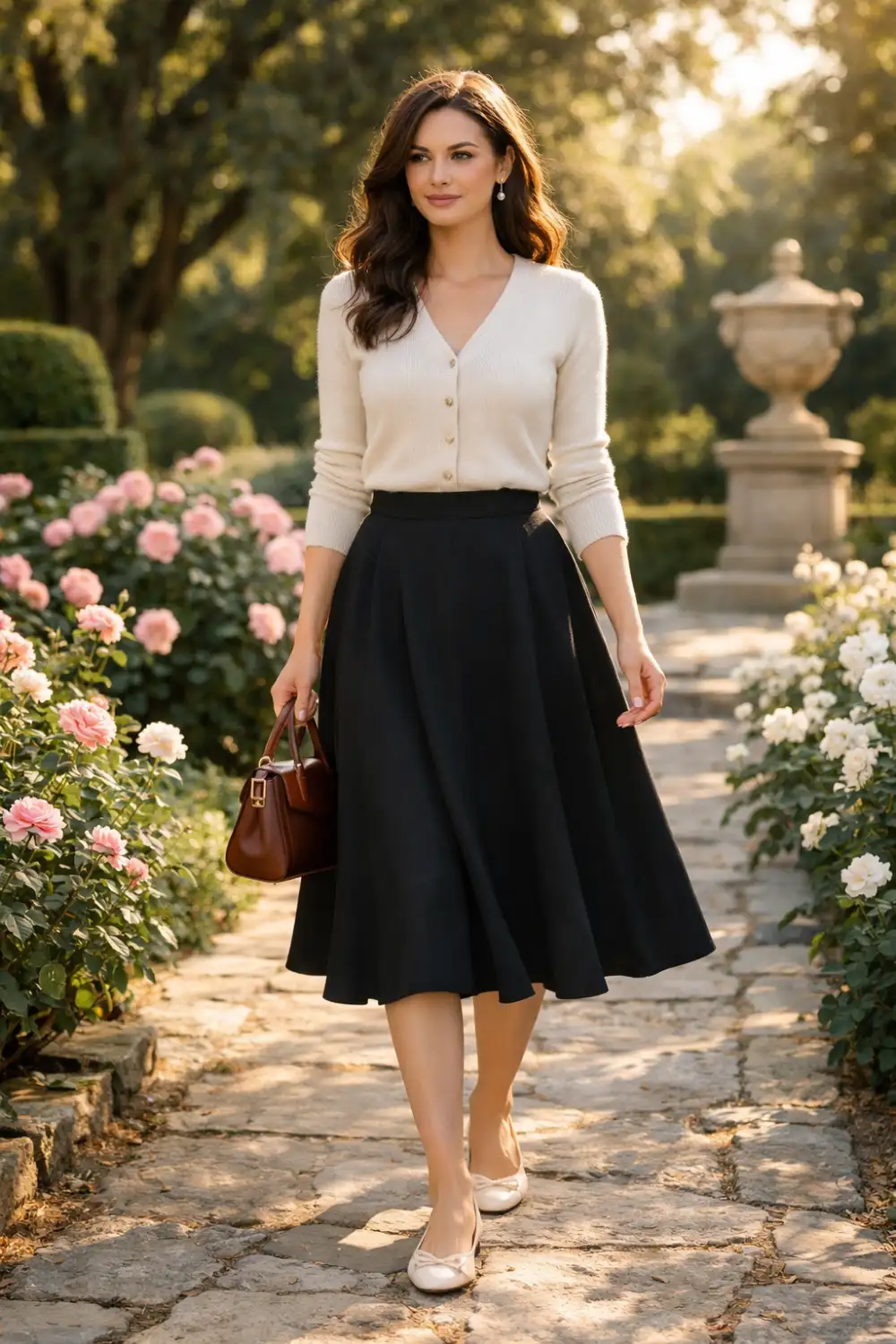 cardigan a line midi skirt old money outfit women classic feminine style