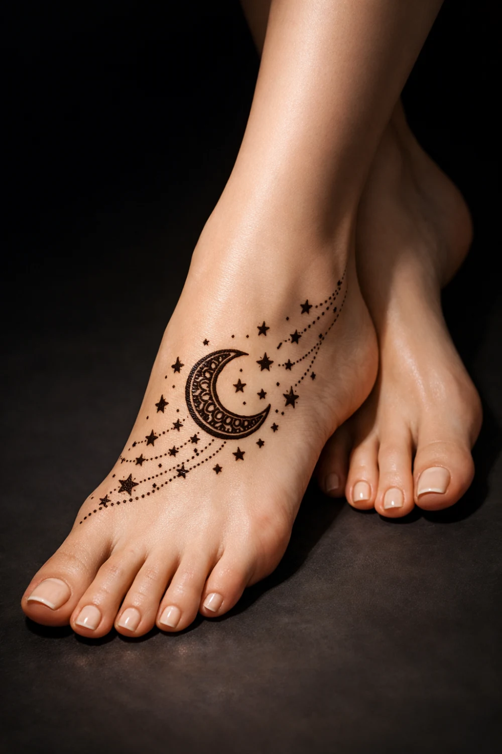 Crescent moon and stars mehndi design on the foot