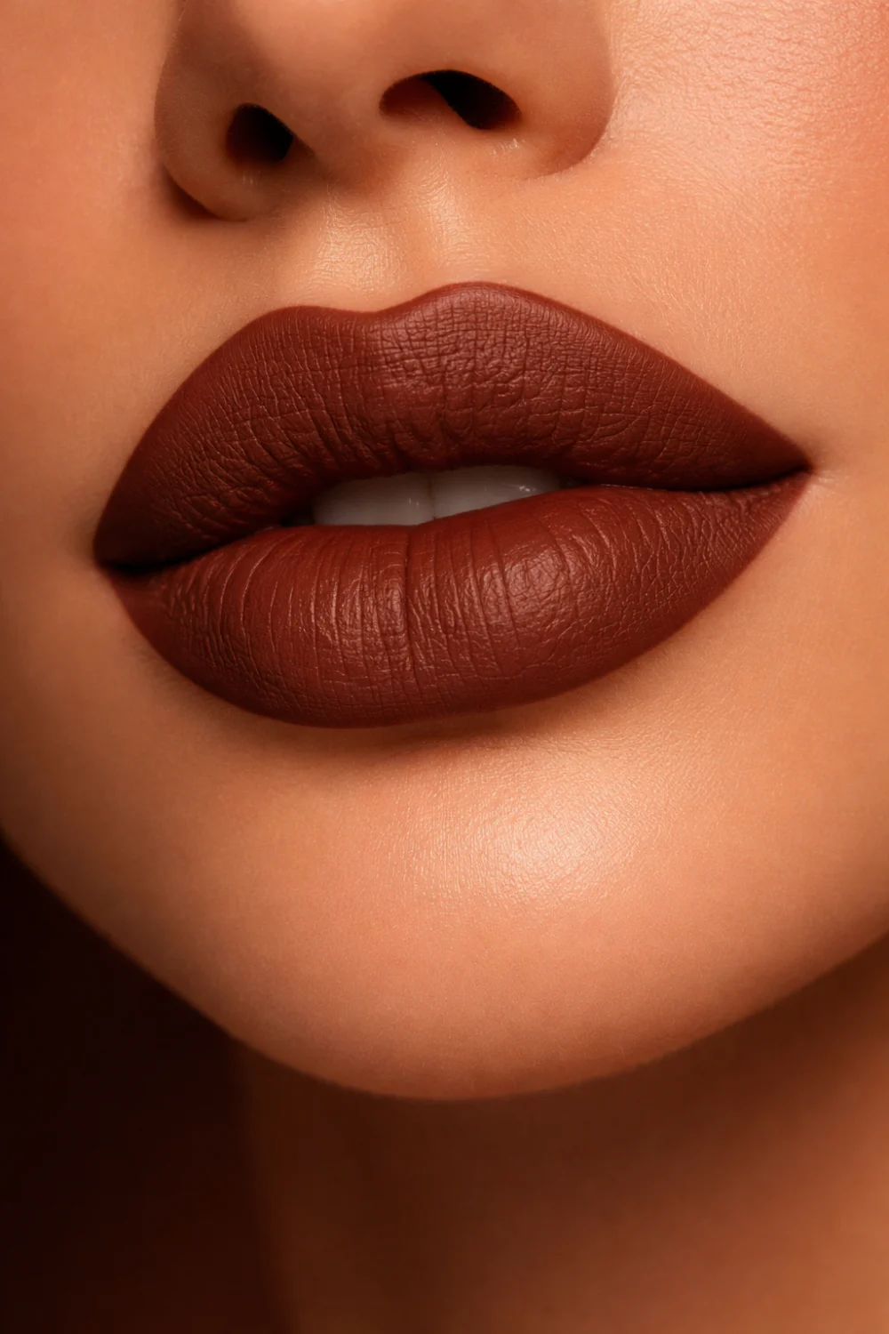 Deep cocoa brown lipstick shade matte lips bold makeup look