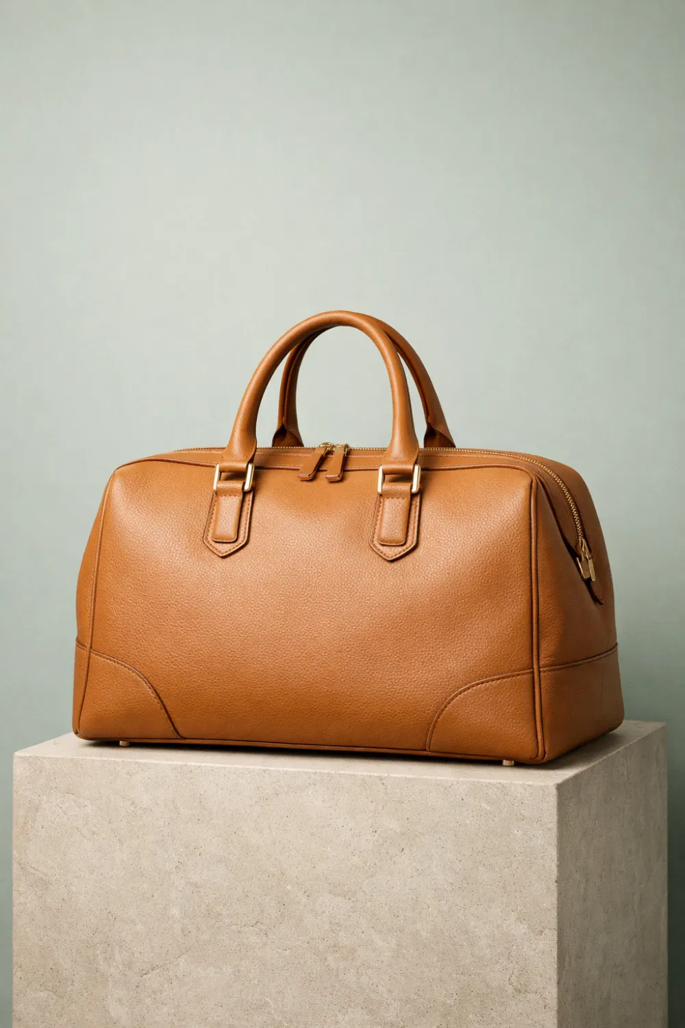 Camel leather weekender travel bag with double handles